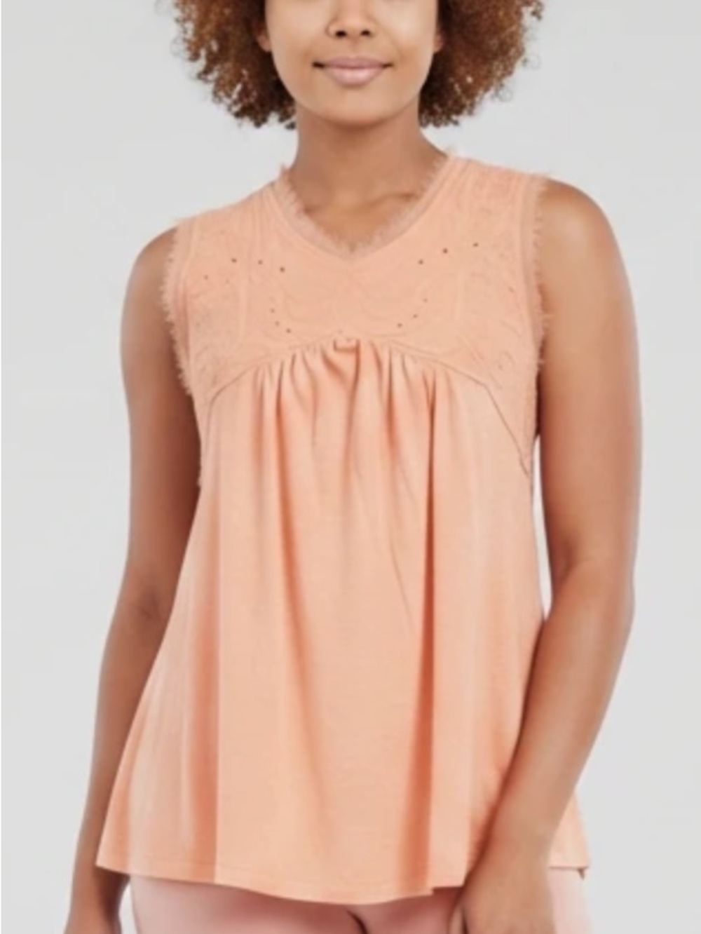 Anthropologie Peach Sleeveless Embroidered V-Neck Tank